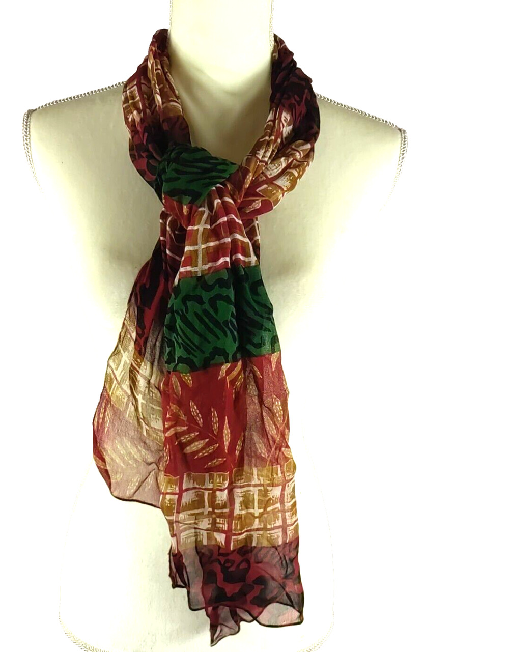 Women's Scarf Rectangle 11" X 54" Crinkle Red Tan Black